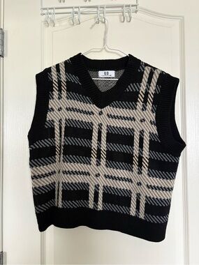 Urban Outfitters Black Plaid V-Neck Sweater Vest with Cream Accents